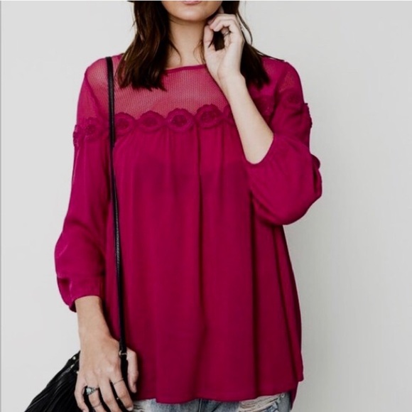 Hayden Blouse Mesh Floral Appliqué Berry Red Women’s Top NEW - Picture 4 of 7